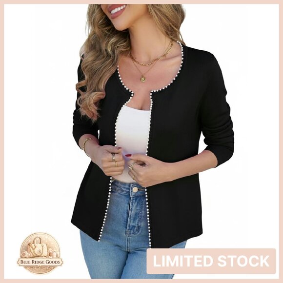 Lightweight Open Front Sweater Cardigan Pearl Trim Knit Jacket Chic Retro